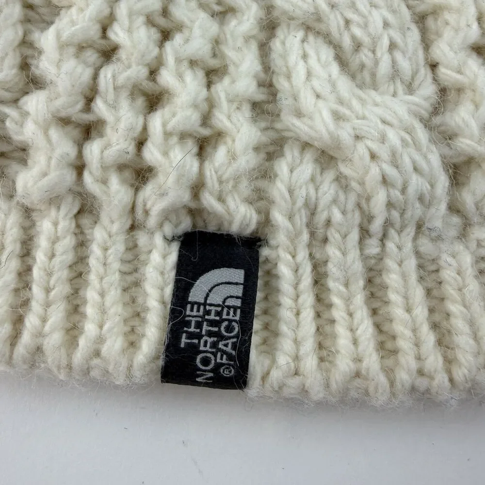 North Face Beanie Ivory CableKnit Hat OS Wool Acrylic Alpaca Unisex Fleece Lined